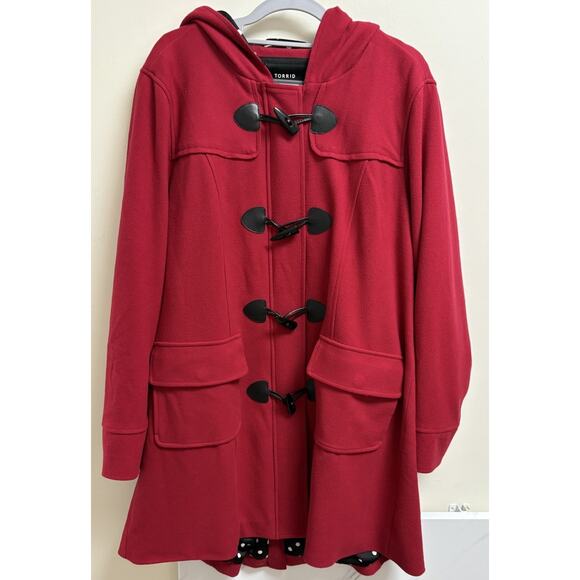 Torrid Women’s Red Toggle Hooded Coat Size 1 (14/16) Lined Polka Dot Jacket - Picture 1 of 10